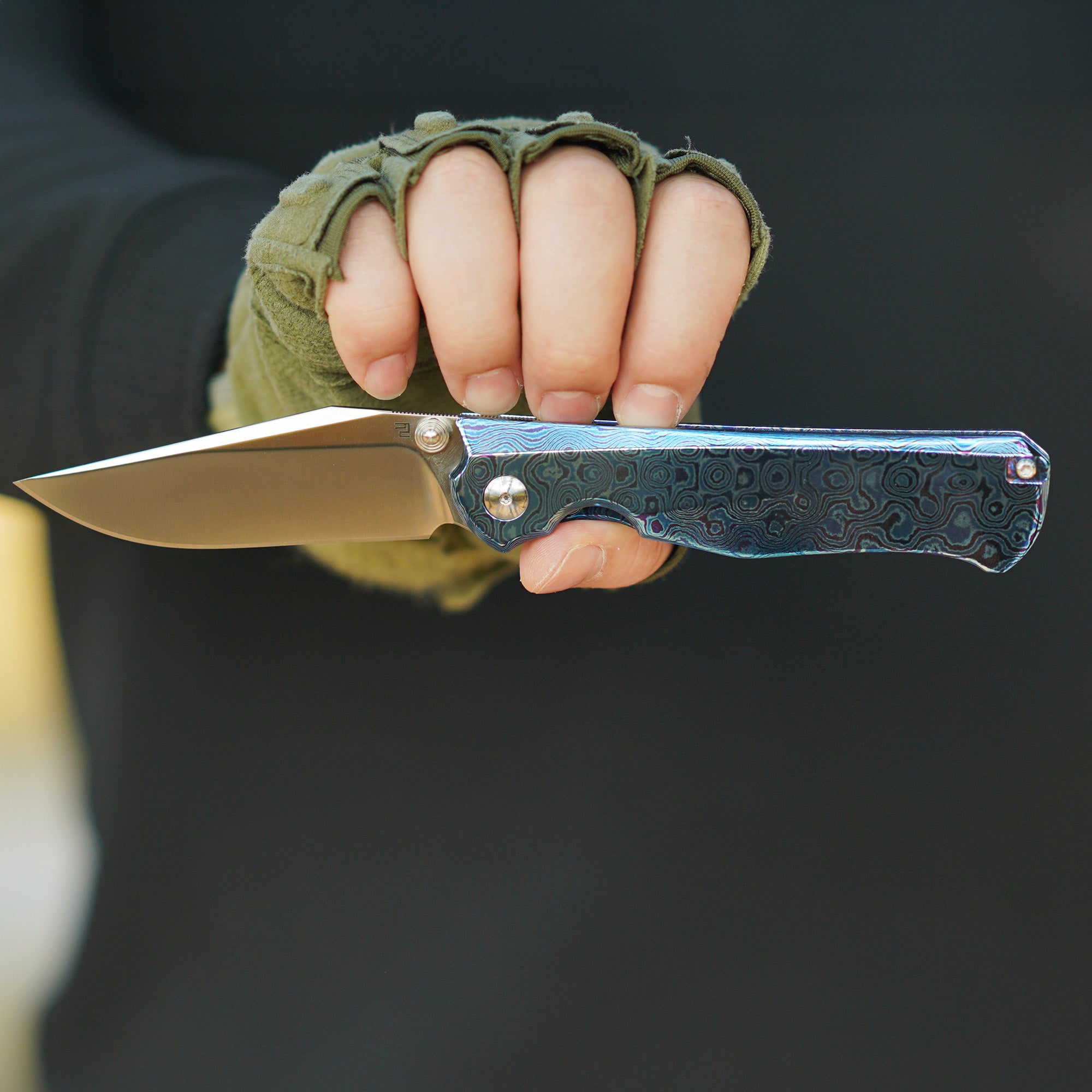 Artisan Cutlery Crusoe ATZ-1869G titanium Damascus handle folding knife