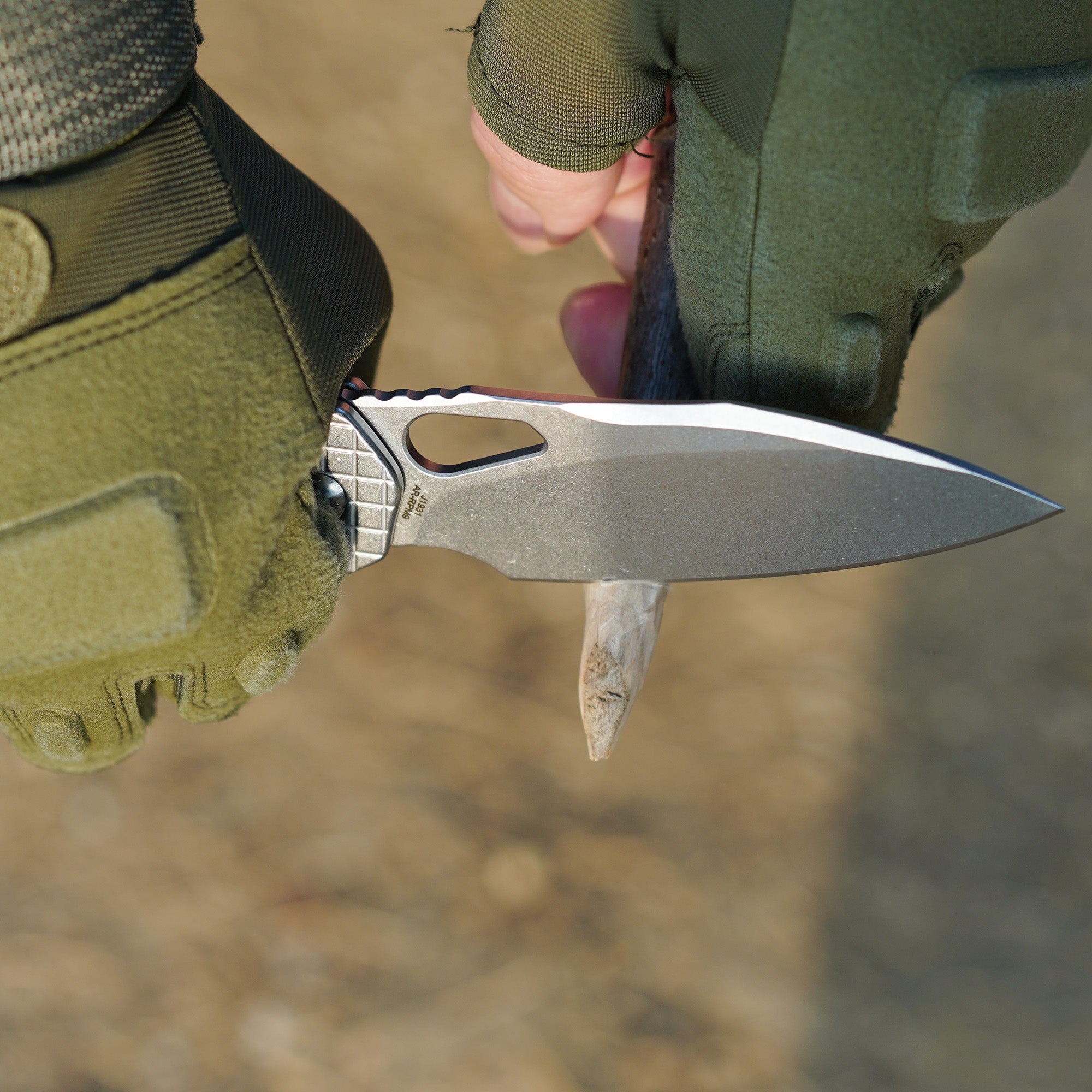 CJRB Frack J1931 folding knife with steel frag-pattern handle