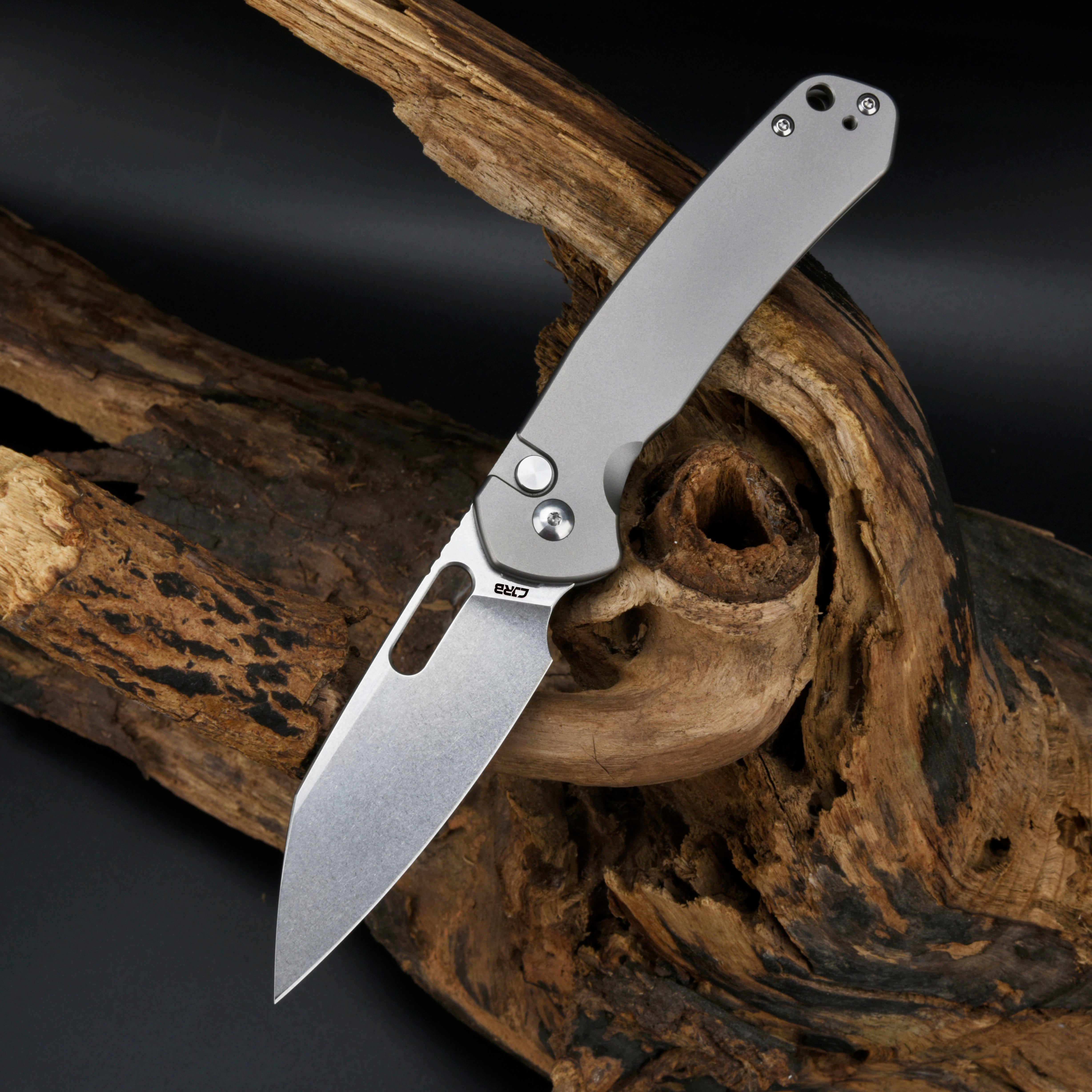 CJRB Pyrite Wharncliffe J1925A folding knife with titanium handle