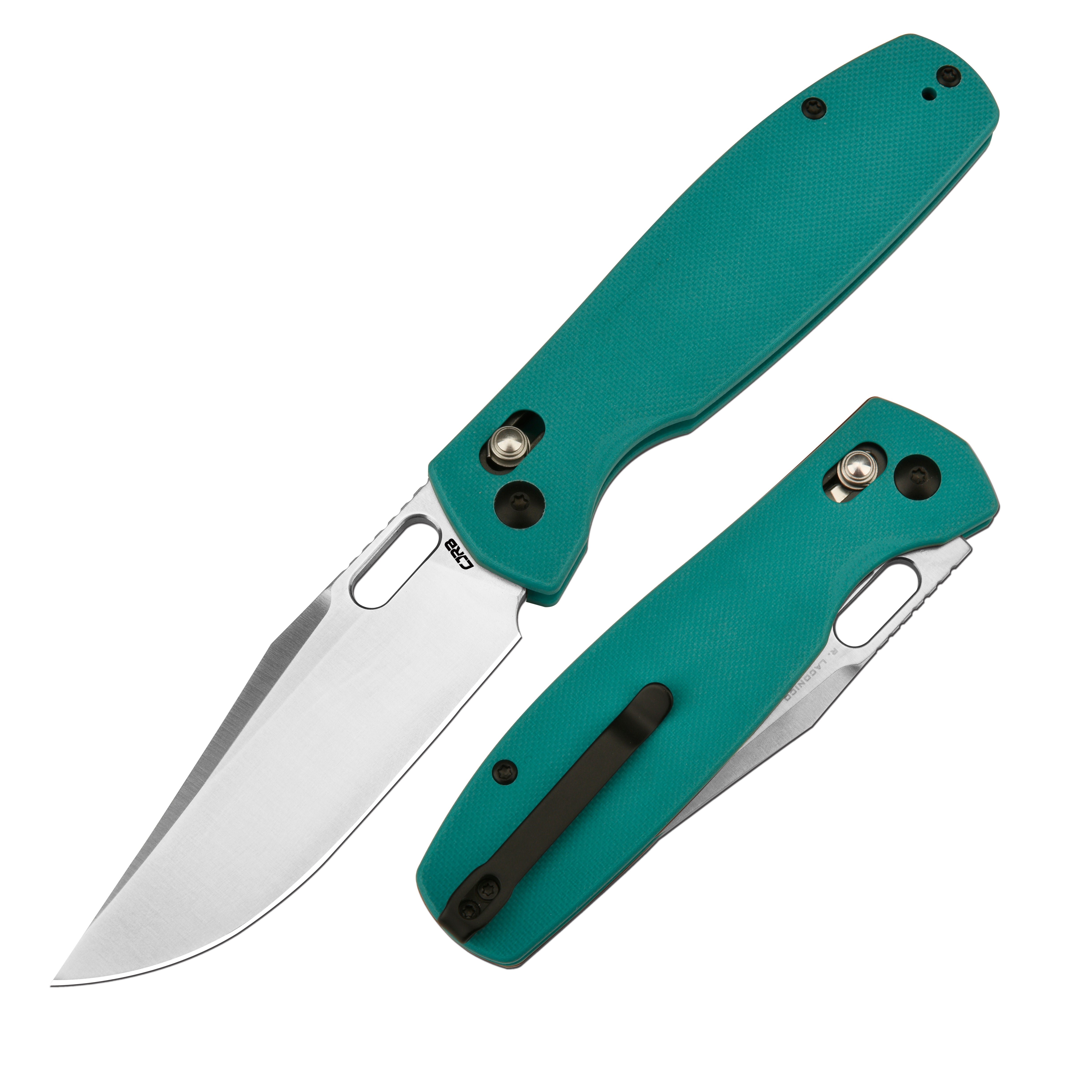 CJRB Prado J1936 folding knife with aqua green G10 handle