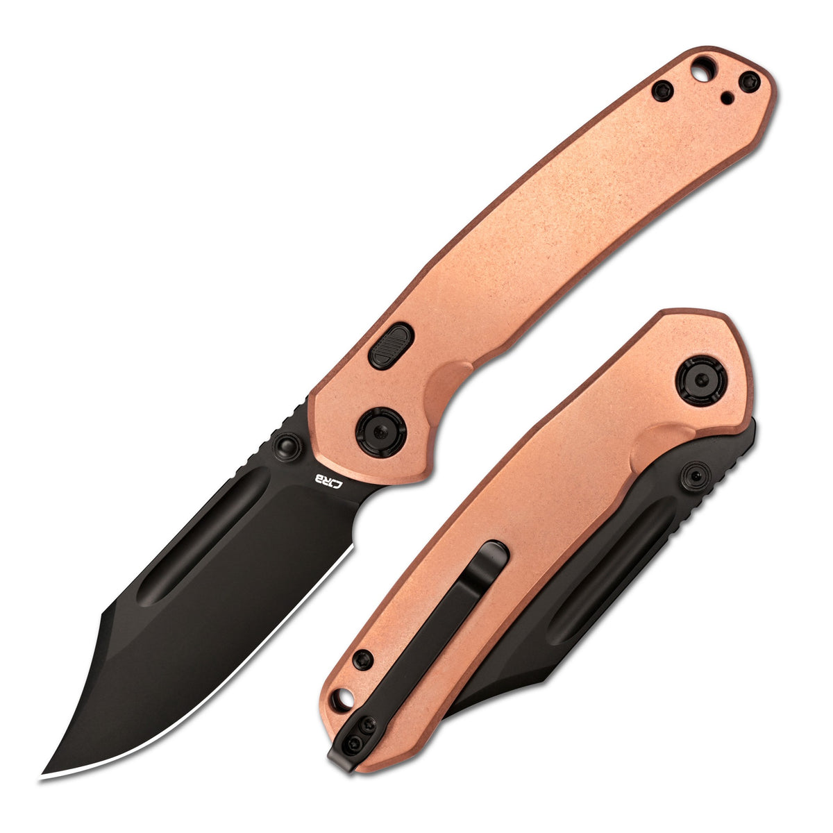 CJRB Bowie Pyrite Thumb Stud & Top Liner Lock Folding Knife Copper Handle (3.35'' 14C28N Steel Black PVD Coating Blade) J1942X-BCO