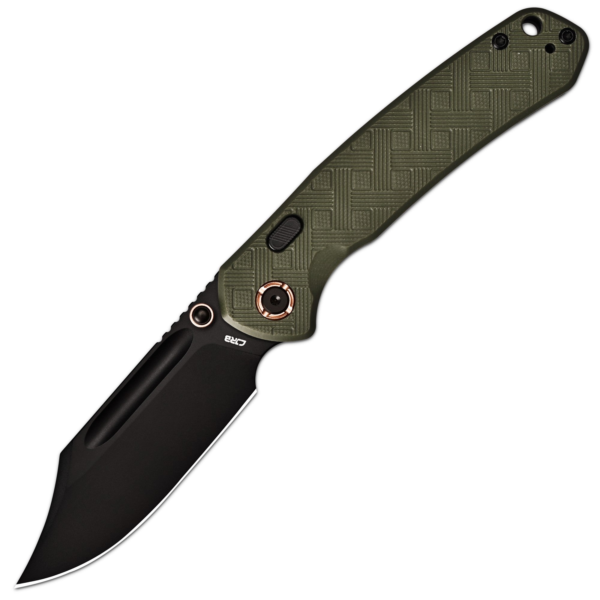 CJRB Bowie Pyrite Thumb Stud & Top Liner Lock Folding Knife Green CNC G10 Textured Handle (3.35'' AR-RPM9 Steel Black PVD Coating Blade) J1942X-BGN