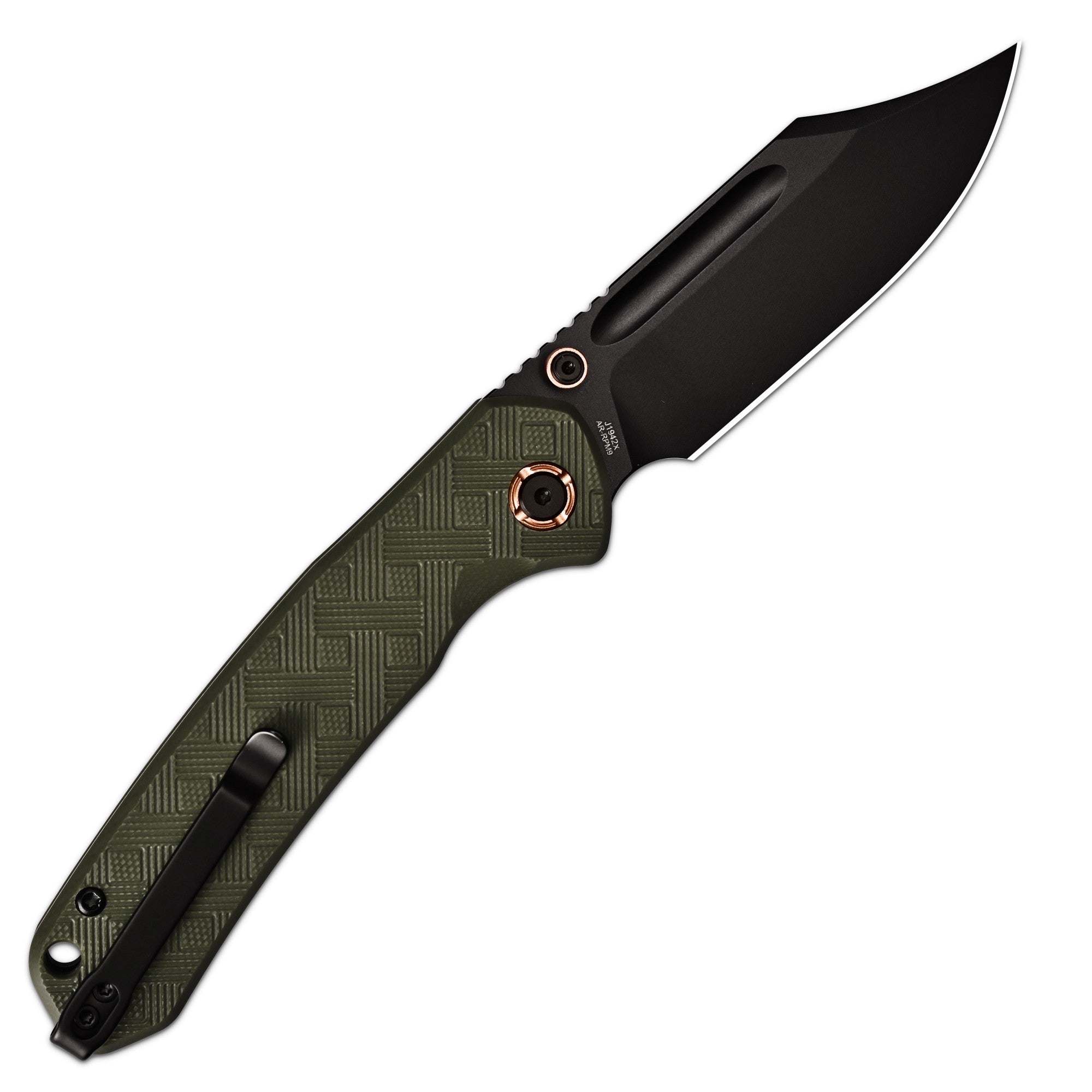 CJRB Bowie Pyrite Thumb Stud & Top Liner Lock Folding Knife Green CNC G10 Textured Handle (3.35'' AR-RPM9 Steel Black PVD Coating Blade) J1942X-BGN