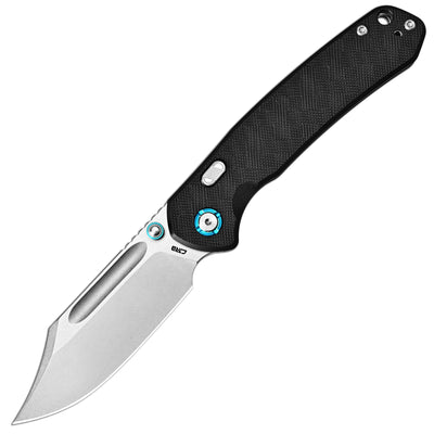CJRB Bowie Pyrite Thumb Stud & Top Liner Lock Folding Knife Black CNC G10 Textured Handle (3.35'' AR-RPM9 Steel Stone Wash Blade) J1942X-BK