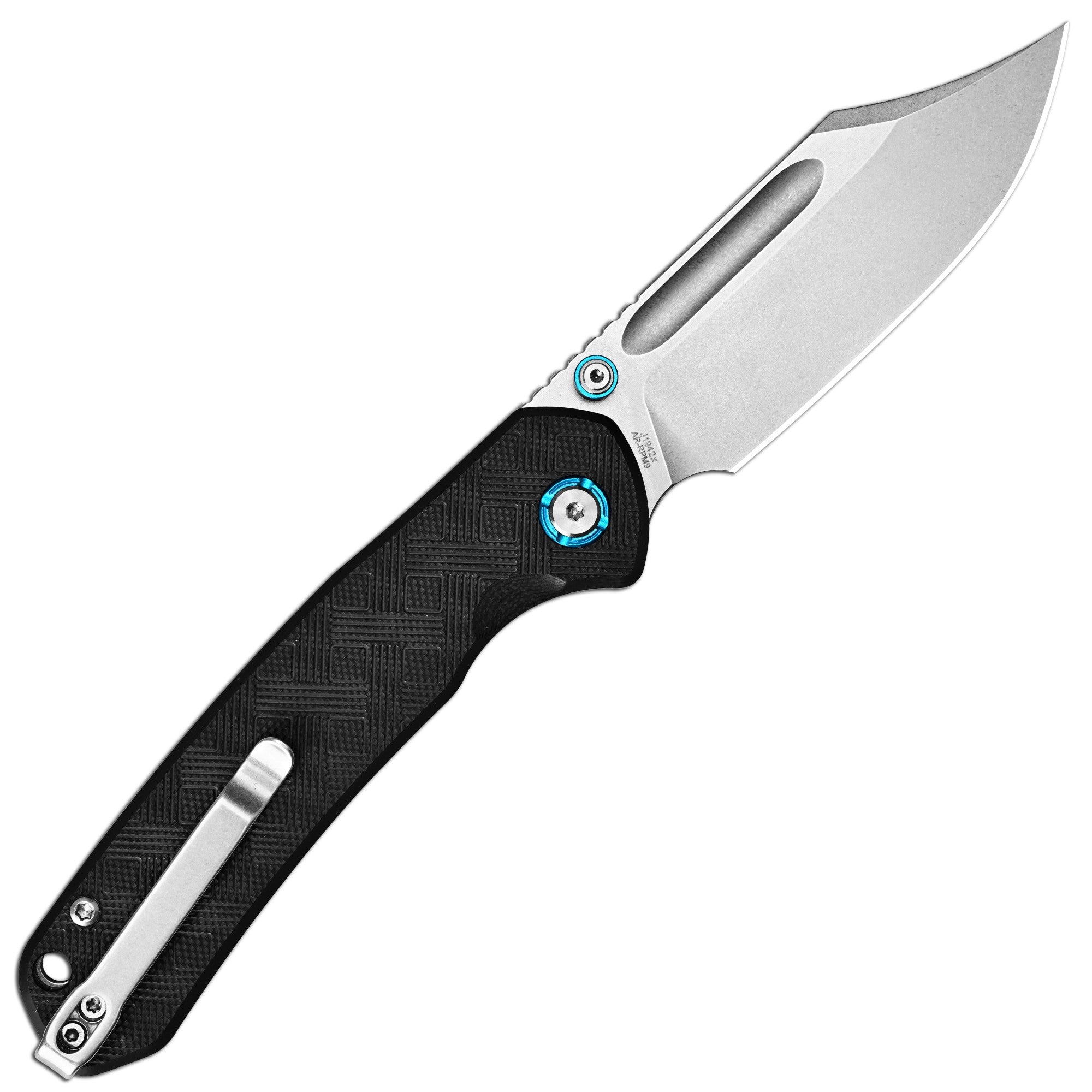 CJRB Bowie Pyrite Thumb Stud & Top Liner Lock Folding Knife Black CNC G10 Textured Handle (3.35'' AR-RPM9 Steel Stone Wash Blade) J1942X-BK