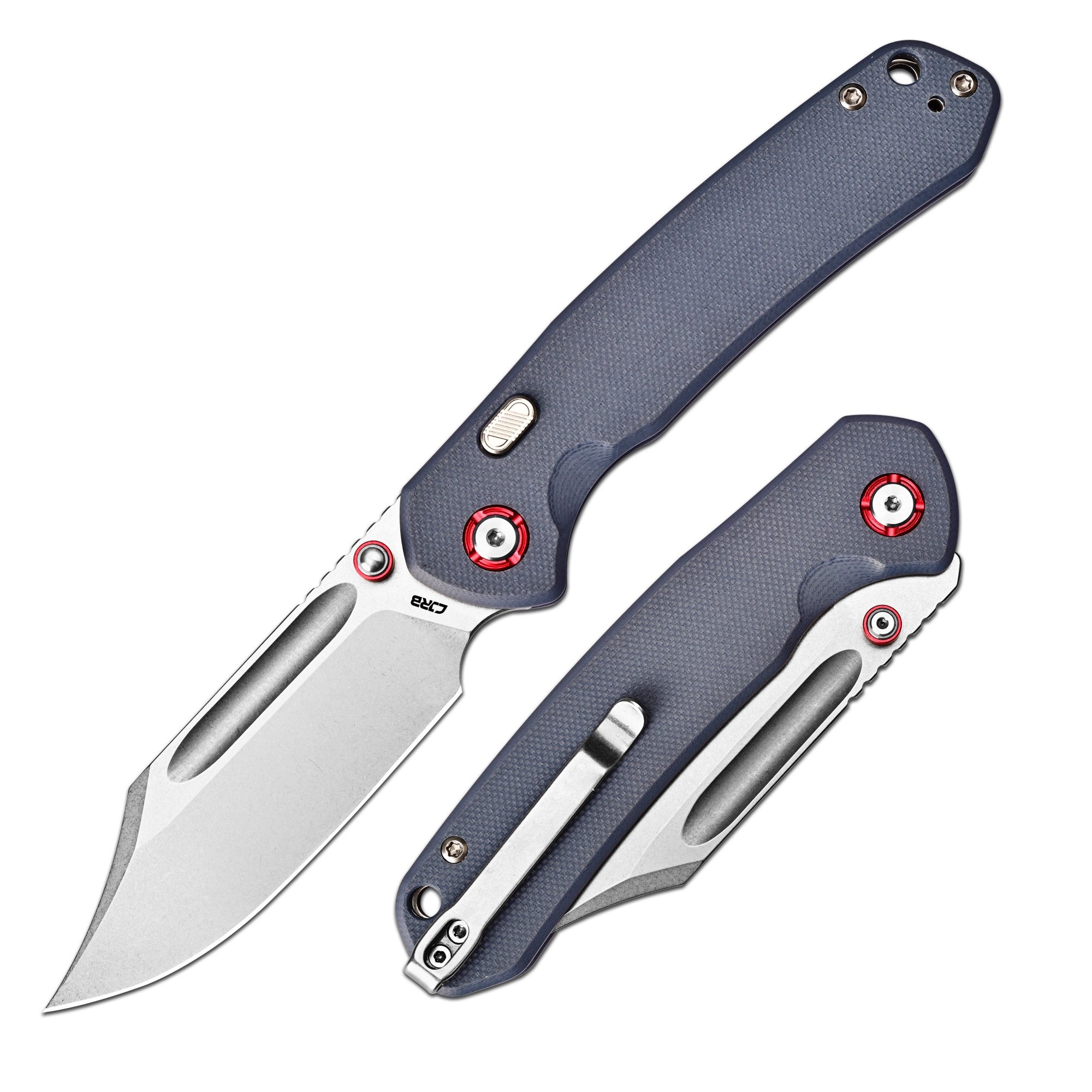 CJRB Bowie Pyrite Thumb Stud & Top Liner Lock Folding Knife Gray G10 Handle (3.35'' AR-RPM9 Steel Stone Wash Blade) J1942X-BU