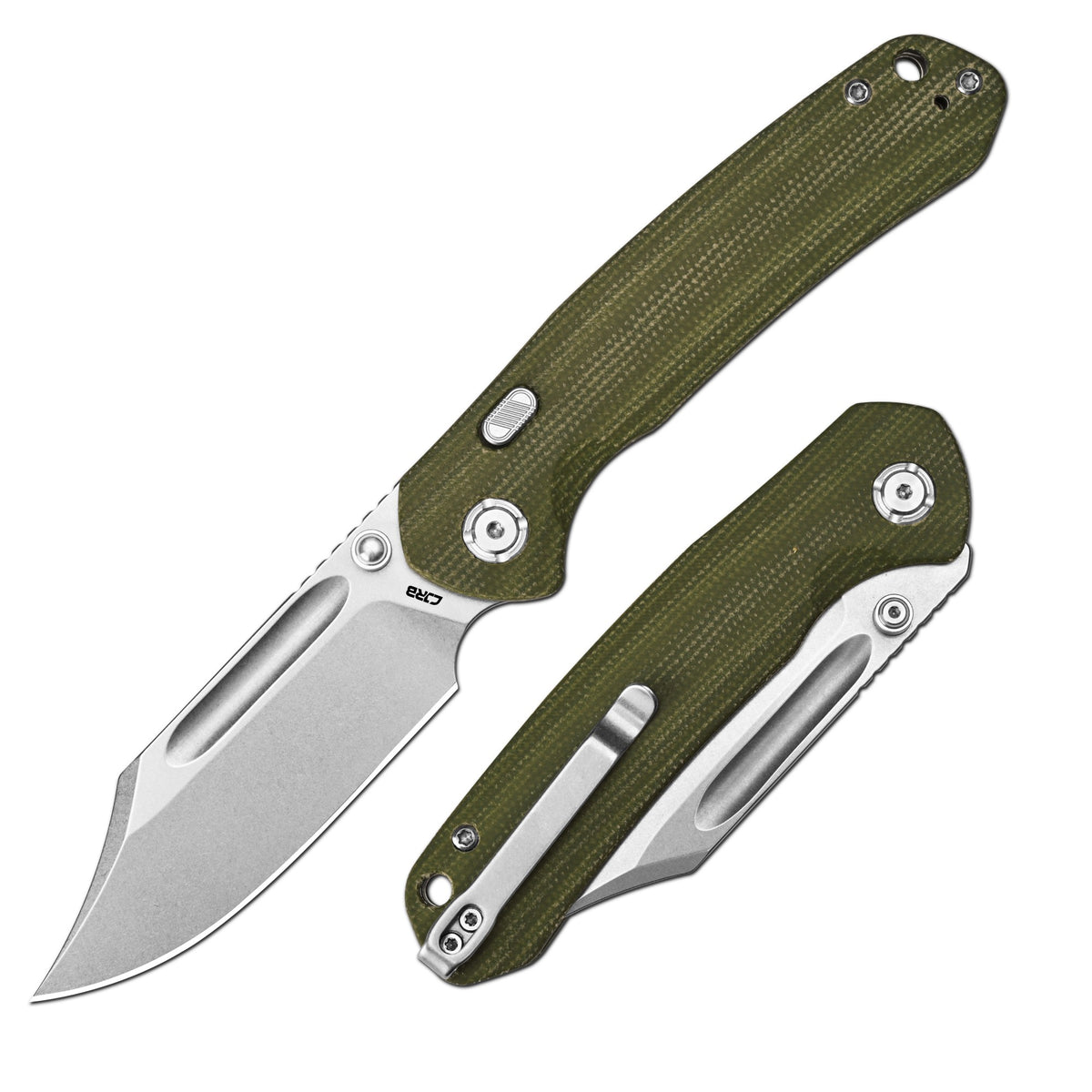CJRB Bowie Pyrite Thumb Stud & Top Liner Lock Folding Knife Natural Micarta Handle (3.35'' Stone Wash 14C28N Steel Blade) J1942X-NM