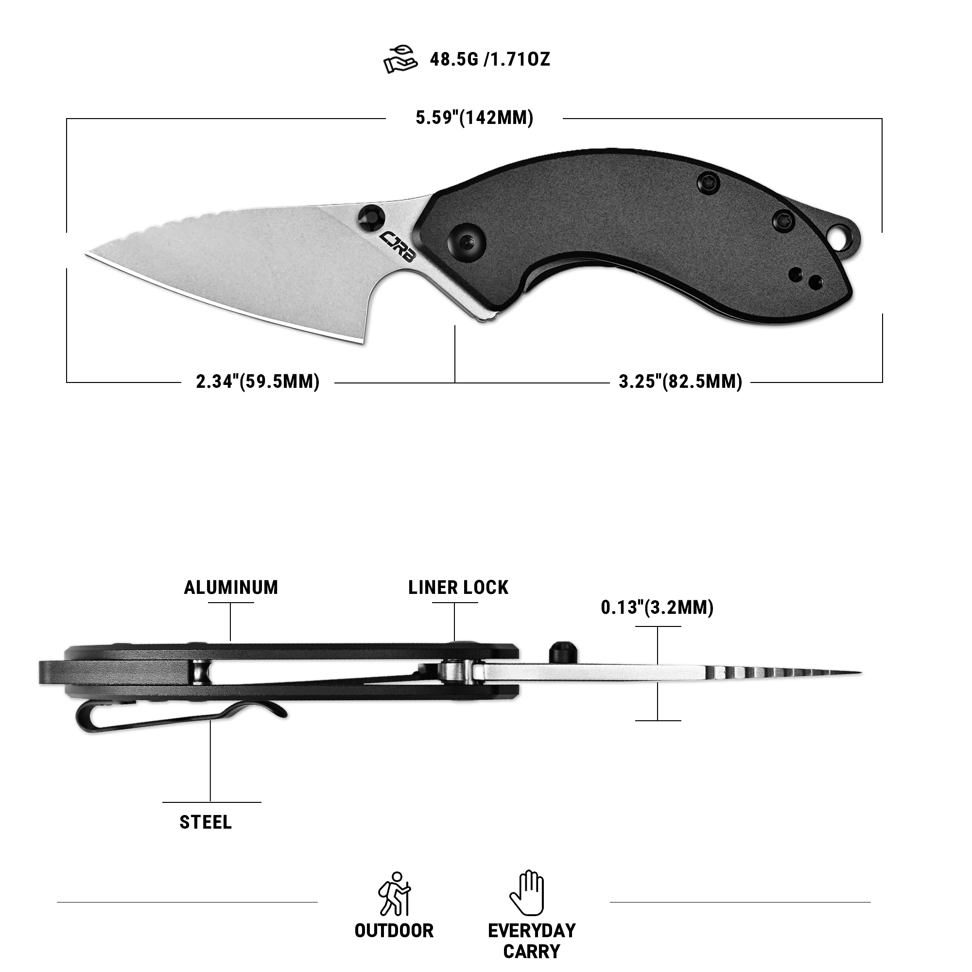 CJRB Spud Thumb Stud & Liner Lock Neck Knife Black Aluminum Handle(2.34'' AR-RPM9 Steel Stone Wash Blade) J1971-BK
