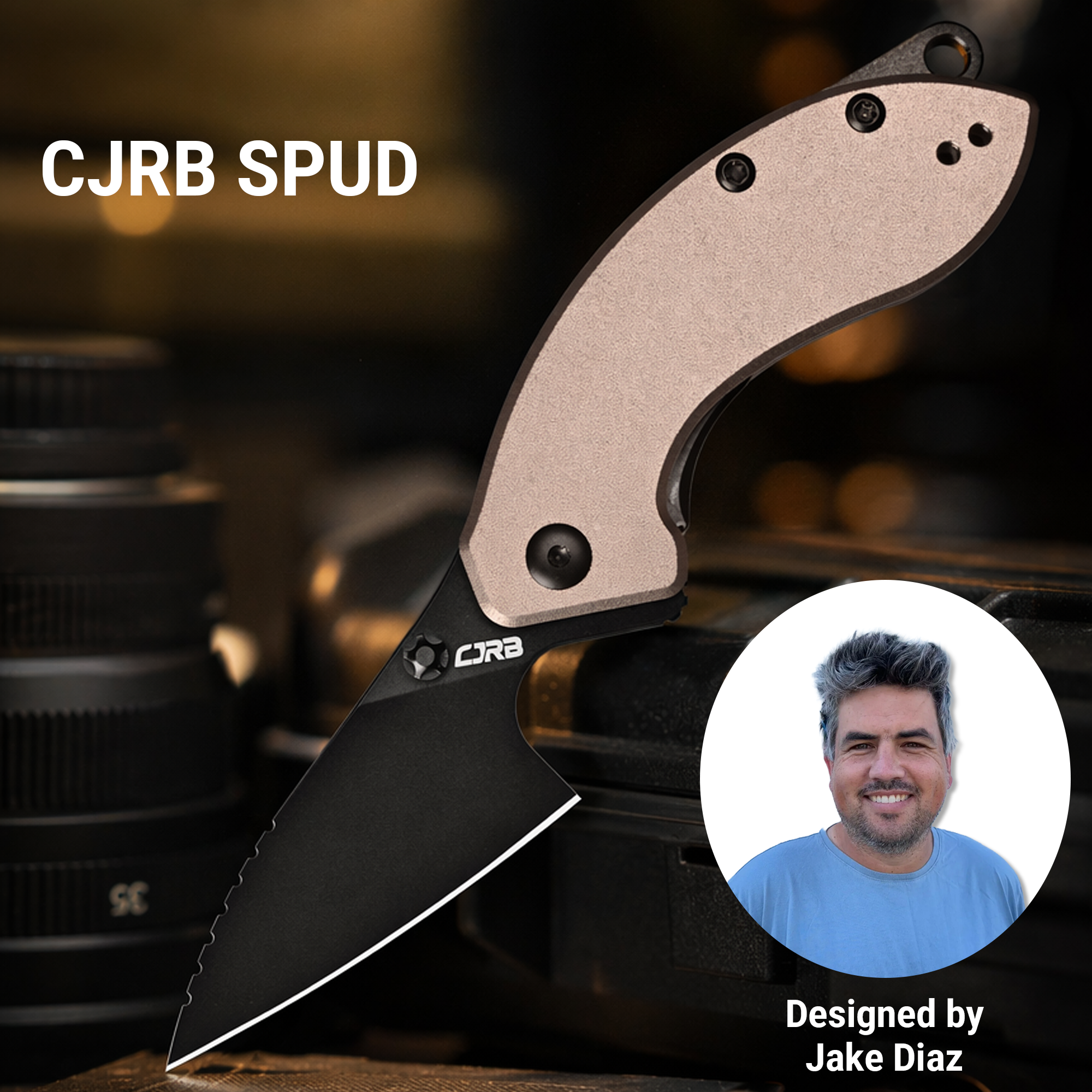 CJRB Spud Thumb Stud & Liner Lock Neck Knife Champagne Aluminum Handle(2.34'' AR-RPM9 Steel Black PVD Coating Blade) J1971-CP
