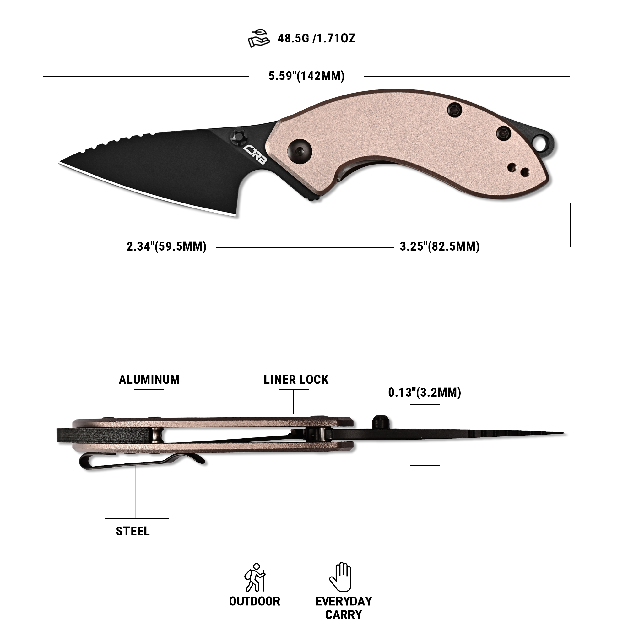 CJRB Spud Thumb Stud & Liner Lock Neck Knife Champagne Aluminum Handle(2.34'' AR-RPM9 Steel Black PVD Coating Blade) J1971-CP