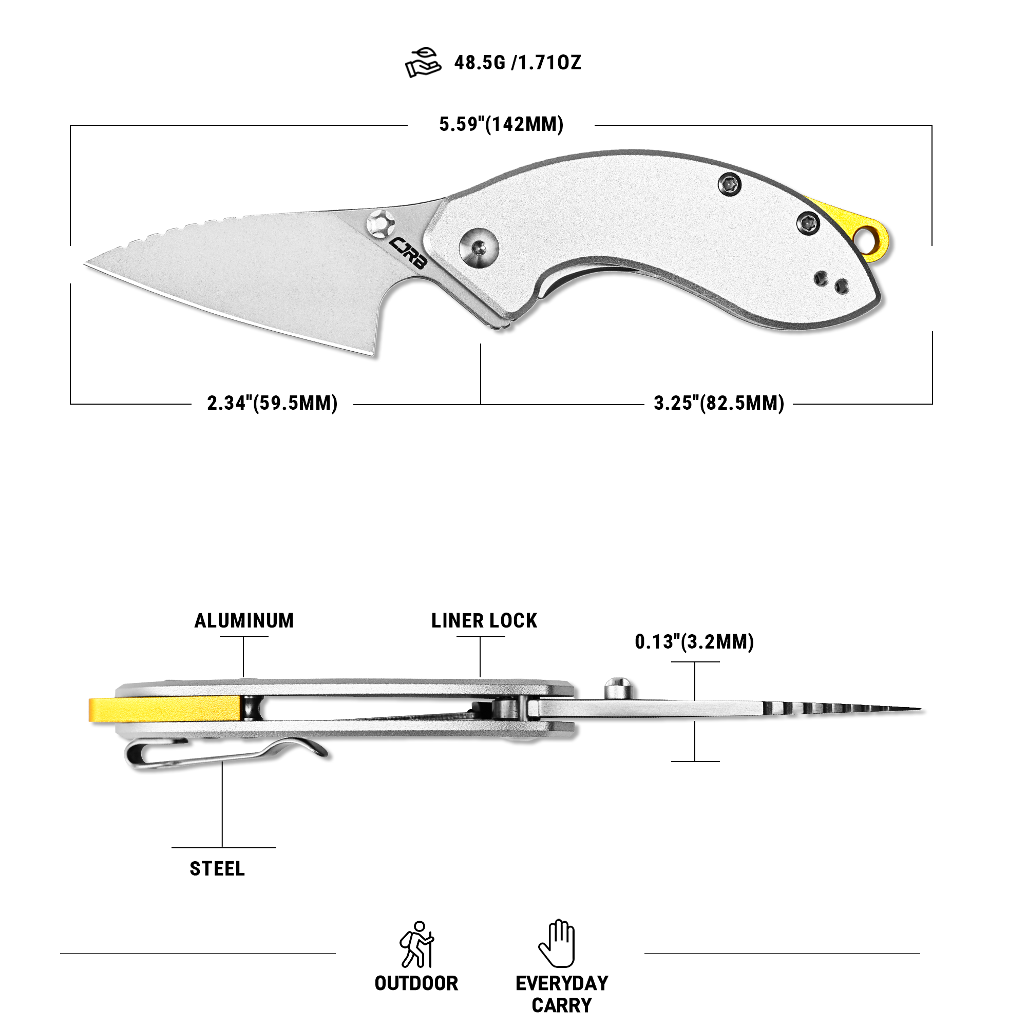 CJRB Spud Thumb Stud & Liner Lock Neck Knife Gray Aluminum Handle(2.34'' AR-RPM9 Steel Stone Wash Blade) J1971-GY