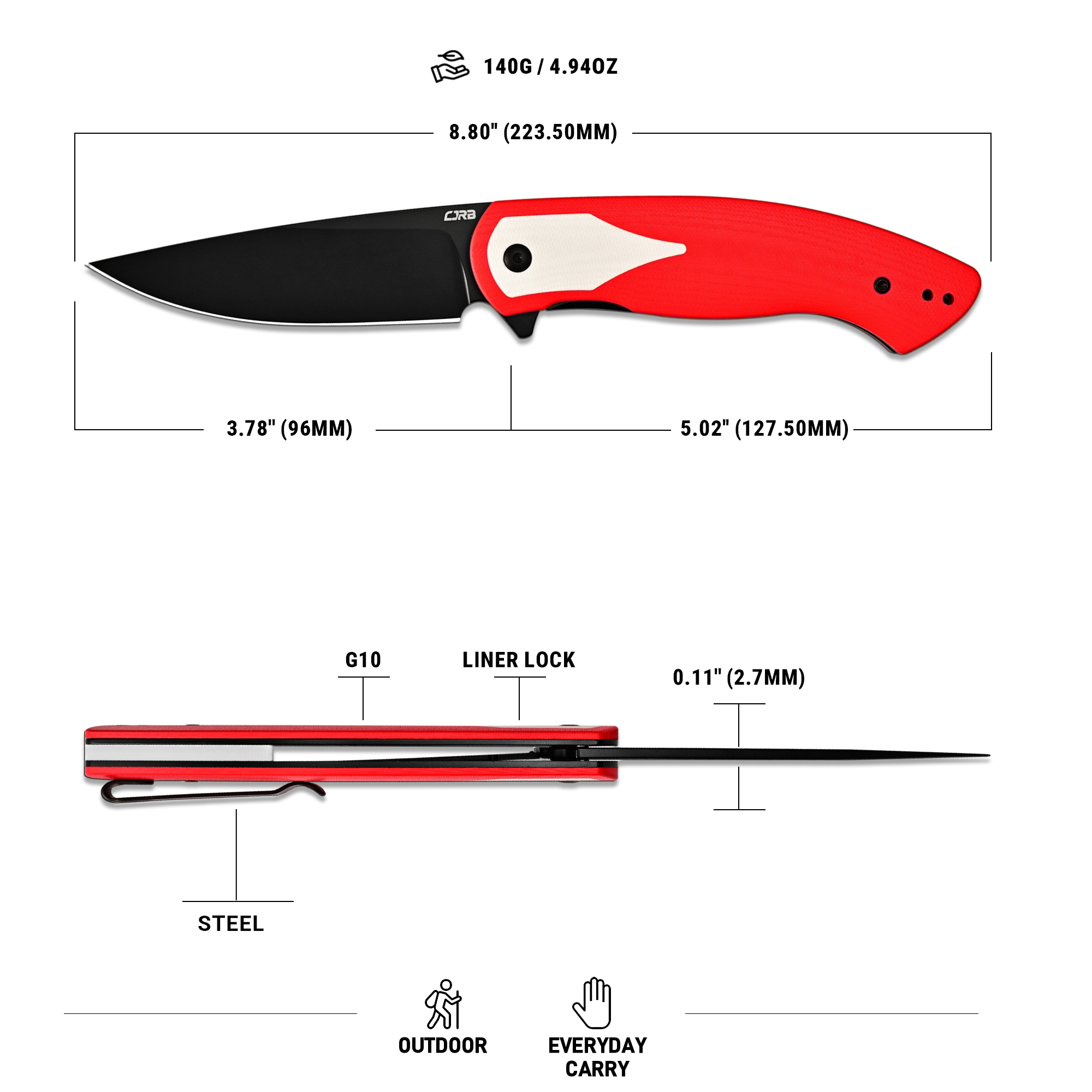 CJRB Rodayo Flipper & Liner Lock Folding Knife Red G10 Handle (3.78'' AR-RPM9 Steel Black PVD Coating Blade) J1972-RWH