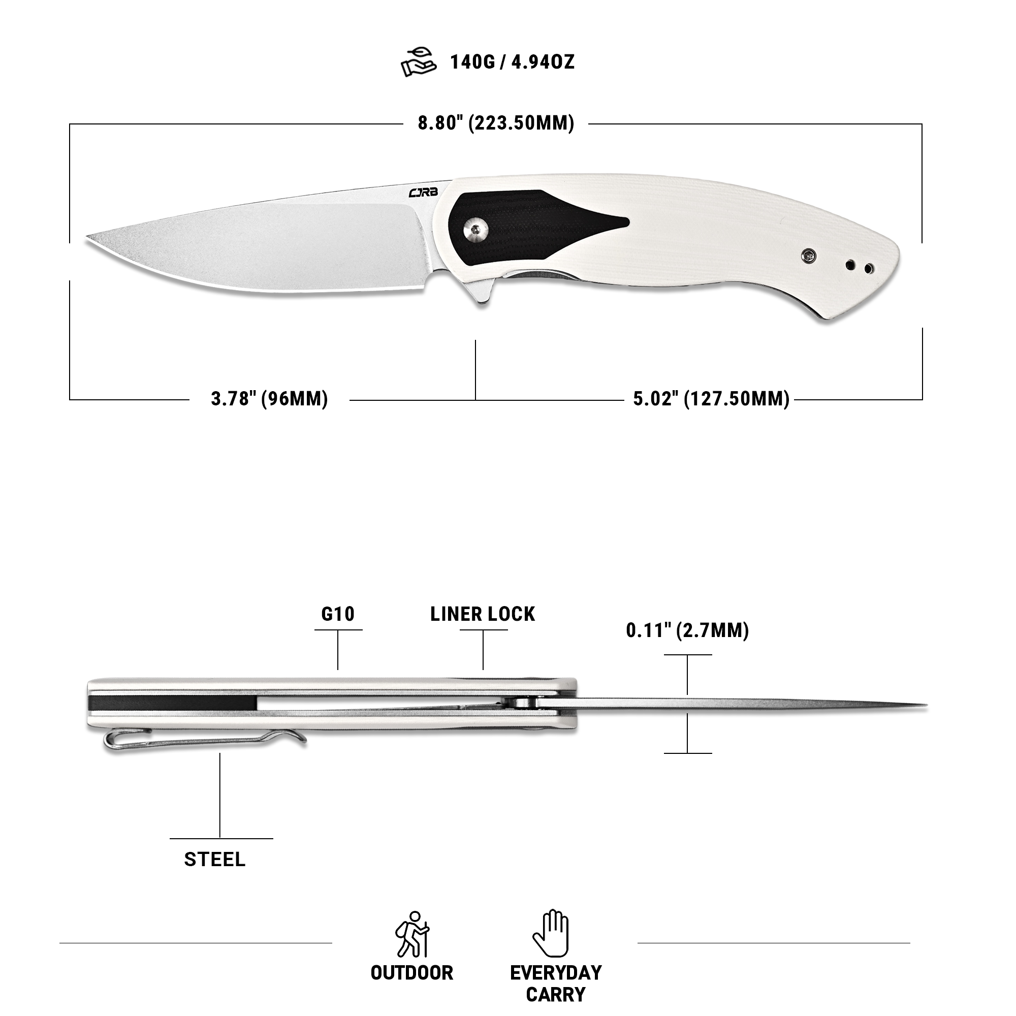 CJRB Rodayo Flipper & Liner Lock Folding Knife White G10 Handle (3.78'' Stone Wash AR-RPM9 Steel Blade) J1972-WBK