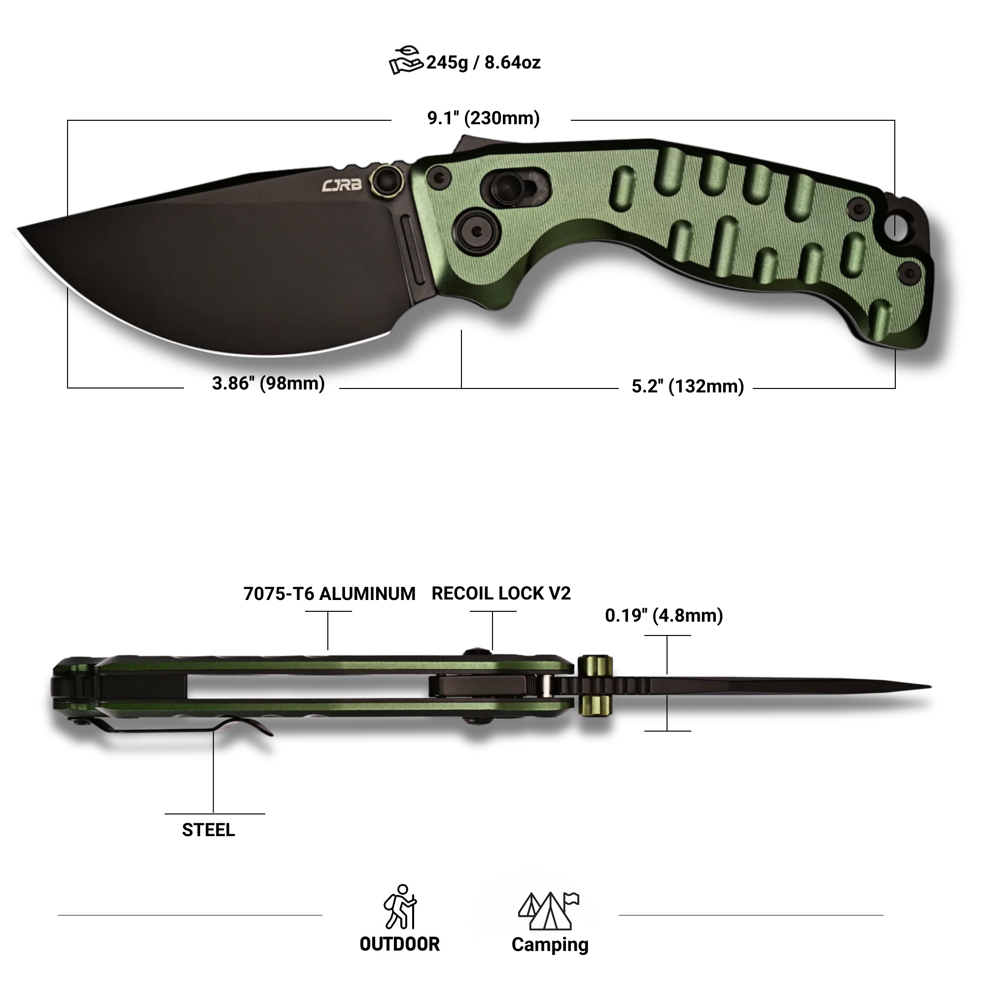 CJRB Doubletap Thumb Stud & Recoil Lock V2 Tatical Knife Green 7075-T6 Aluminum Handle(3.86'' D2 Black PVD Coating Blade) J1970-BAL (Exclusive)