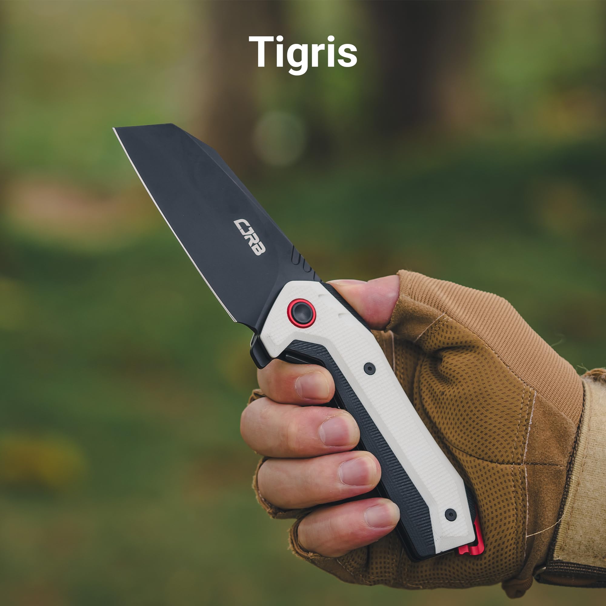 CJRB Tigris Flipper & Button Lock Folding Knife White G10 Handle (3.35'' Black PVD Coating AR-RPM9 Steel Blade) J1919-BWH
