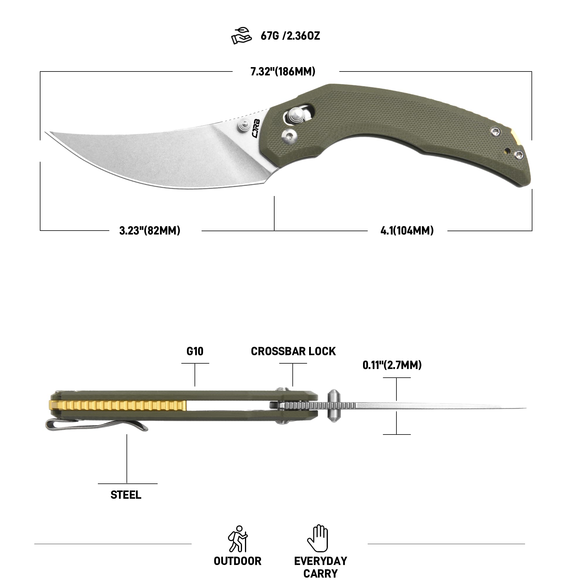 CJRB Nanner Front Flipper & Crossbar Lock Folding Knife Green G10 Handle (3.23'' Stone Polish AR-RPM9 Steel Blade) J1955-GN