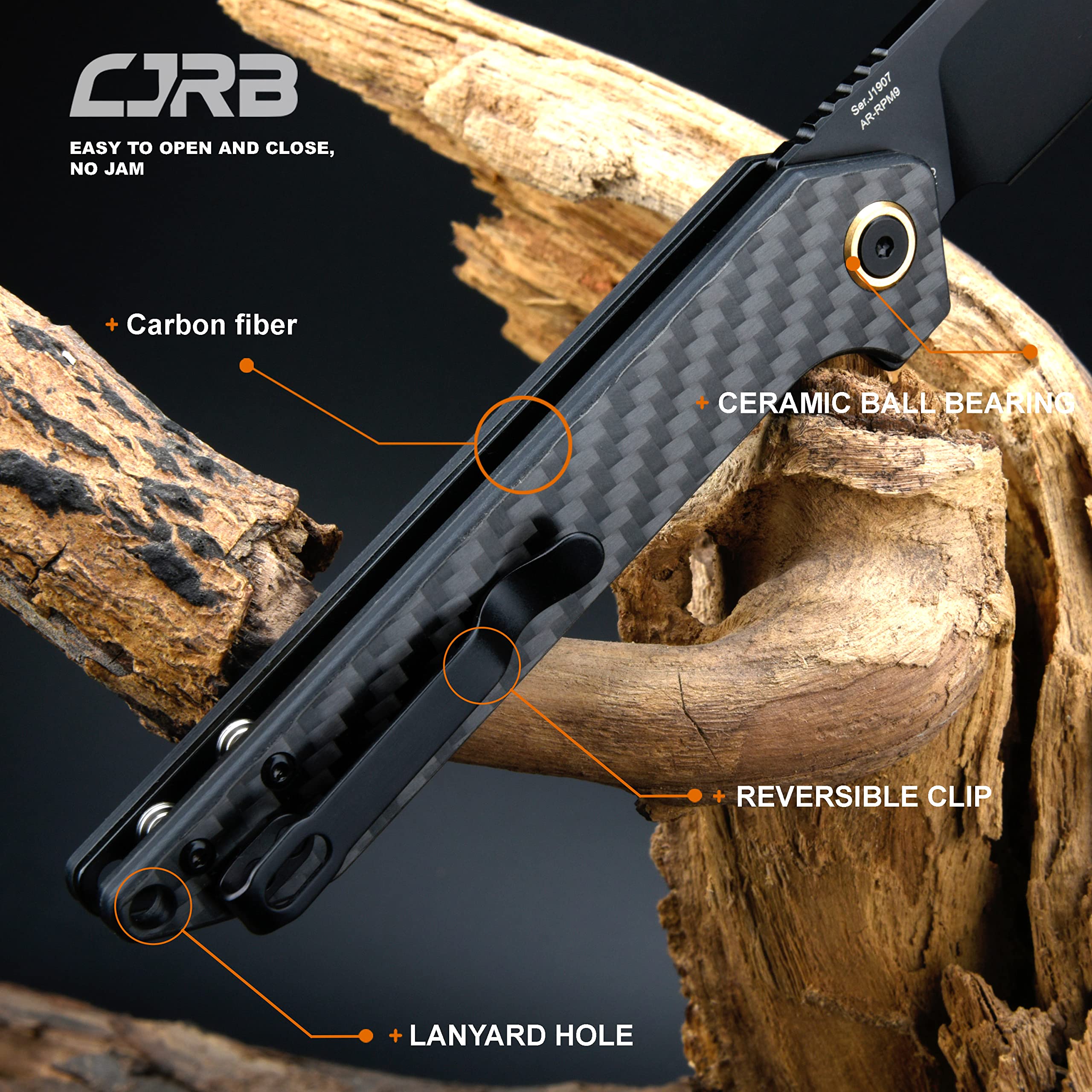 CJRB Rampart J1907 carbon fiber handle detail